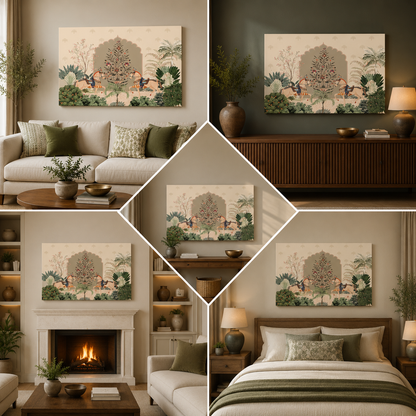 Mughal Royal Horse Garden Canvas Wall Art | Symmetrical Arch Botanical Painting | Indian Heritage Decor