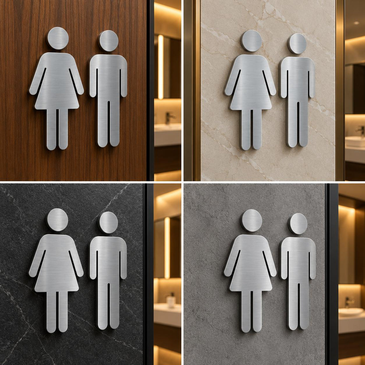 Modern Silver Male and Female Restroom Signs, 3D Metal Look Toilet Wall Decor (8 x 8 inches)