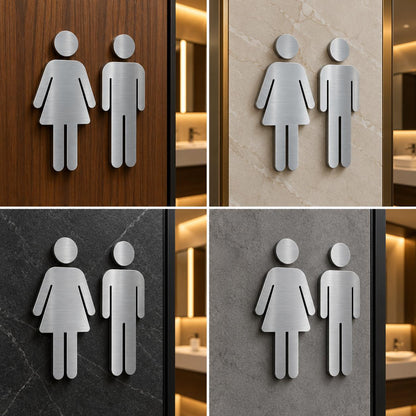 Modern Silver Male and Female Restroom Signs, 3D Metal Look Toilet Wall Decor (8 x 8 inches)