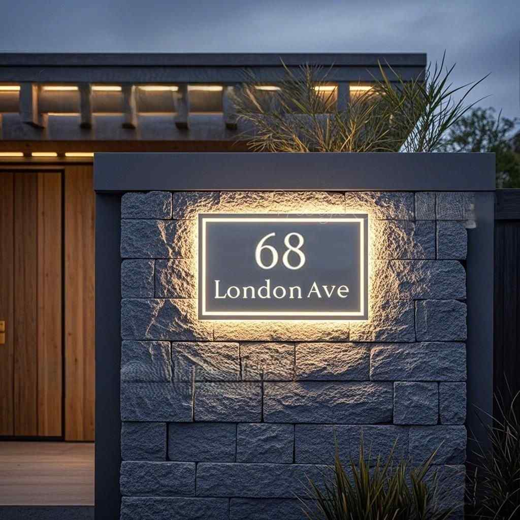 LED Illuminated House Number Sign with Custom Address – Modern Outdoor Entrance Plaque