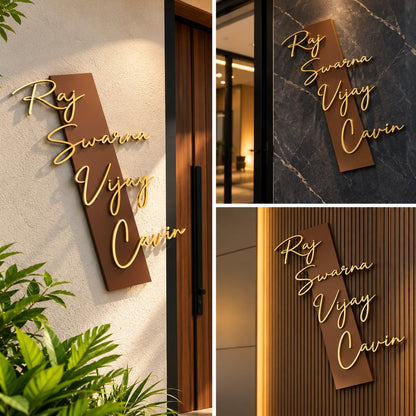 Custom 3D Metal Family Name Plate with Gold Script Lettering for Luxury Home Entrances