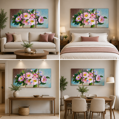 Pink Floral Canvas Wall Art Set of 3 for Modern Living Room, Bedroom and Office Decor