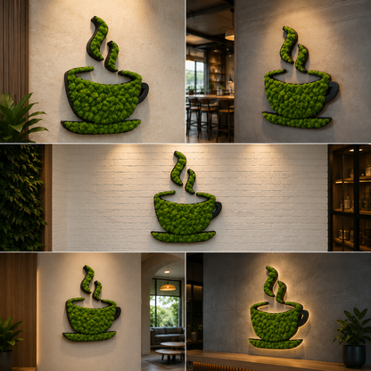 Artificial Moss Coffee Cup Wall Decor Green Moss Cafe Theme Wall Art for Coffee Shop and Restaurant Interiors