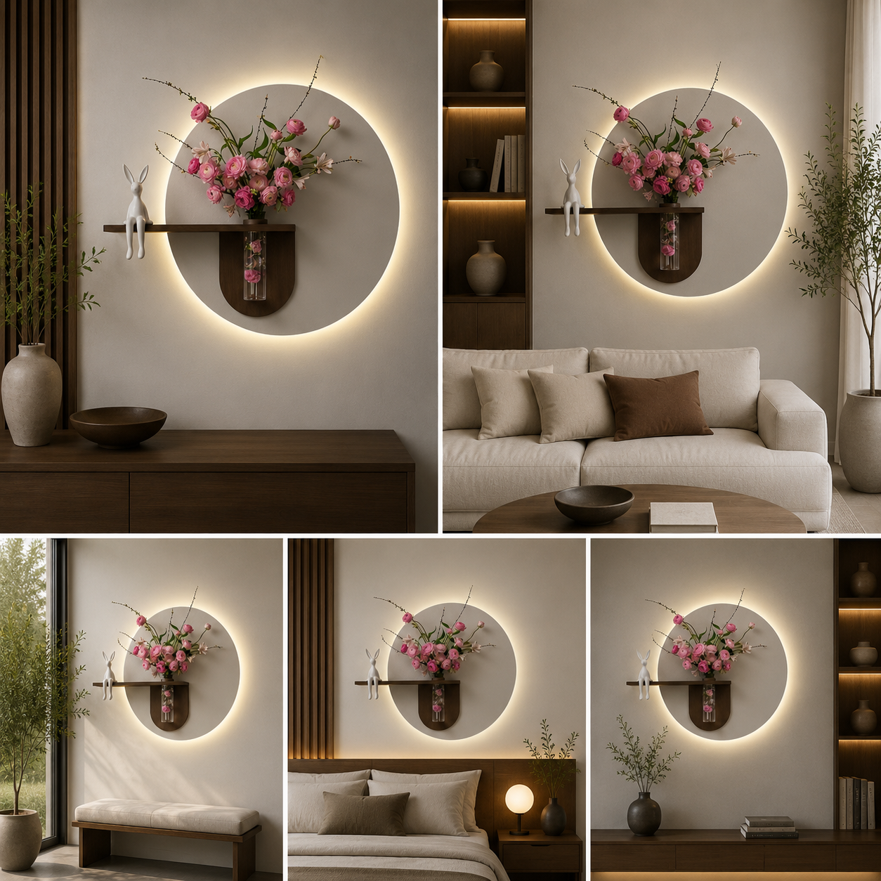 Modern LED Circle Wall Vase Shelf | Backlit Decorative Wall Art with Glass Flower Holder | Luxury Aesthetic Home Decor