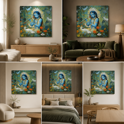 Krishna with Birds Nature Canvas Painting Frame Artistic Wall Decor for Living Room