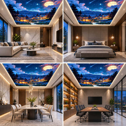 3D Moonlit Mountain Village Ceiling Wallpaper with Starry Sky and Glowing Cottage View