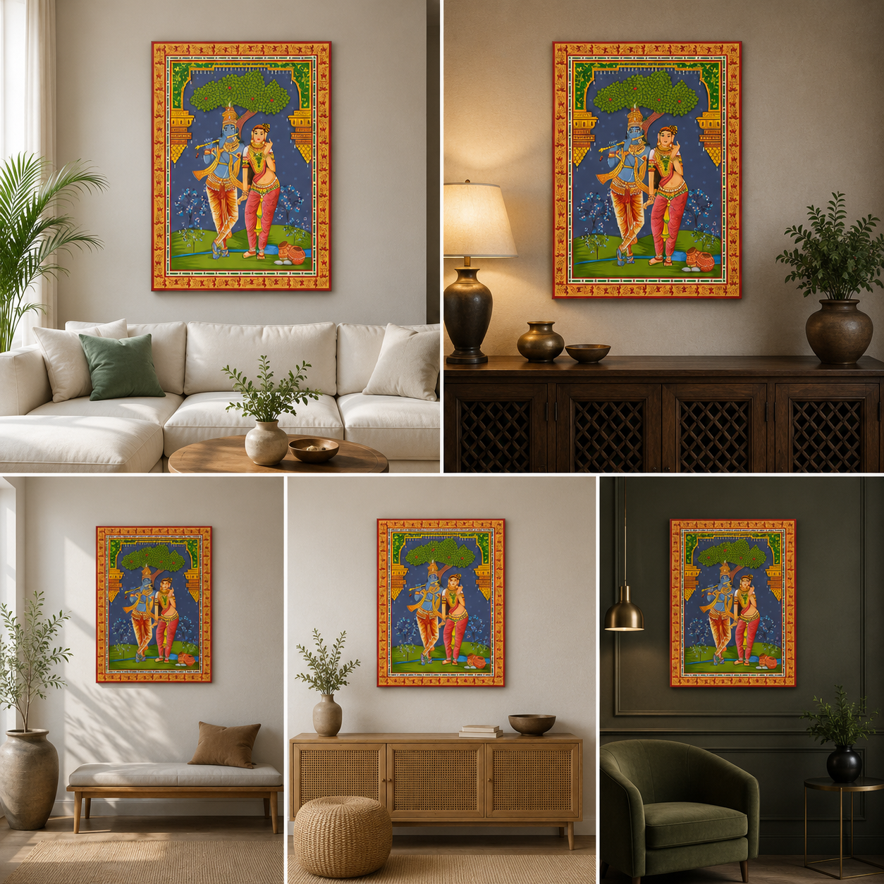 Radha Krishna Traditional Folk Art Canvas Painting Frame Wall Decor for Living Room Ethnic Artwork