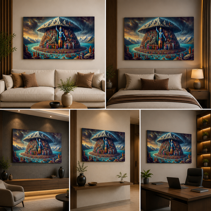 Govardhan Krishna Canvas Painting Frame Wall Decor for Living Room Spiritual Mountain Artwork