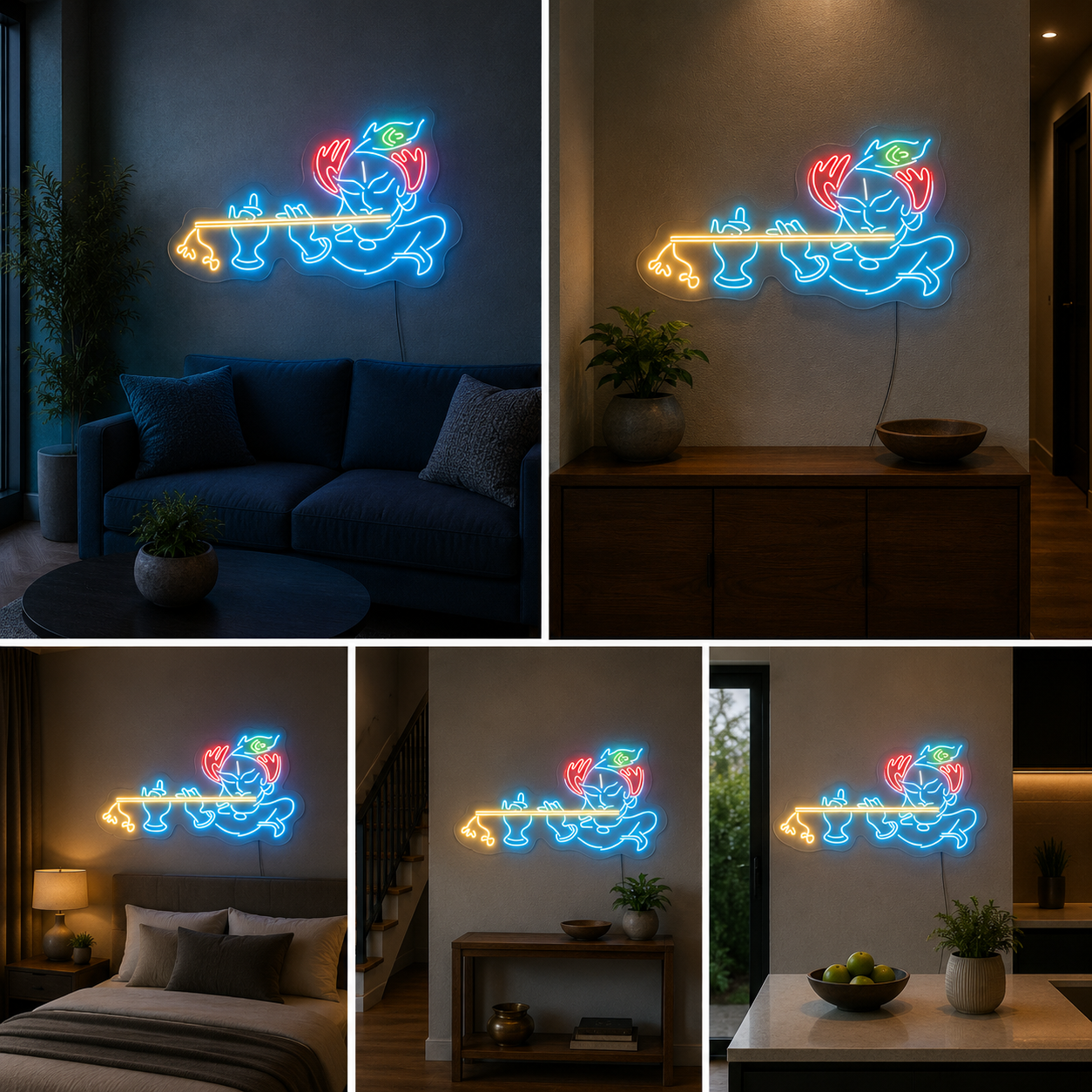 Krishna Playing Flute Neon Sign Board | LED Custom Neon Light Krishna Sign for Temple, Home & Spiritual Wall Decor (30x15 In)