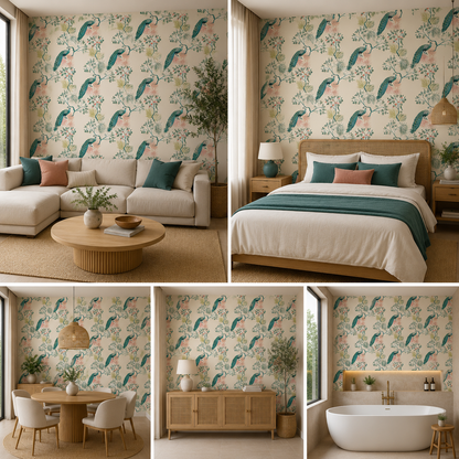 Floral Peacock Art Wallpaper for Living Room Self- Adhesive