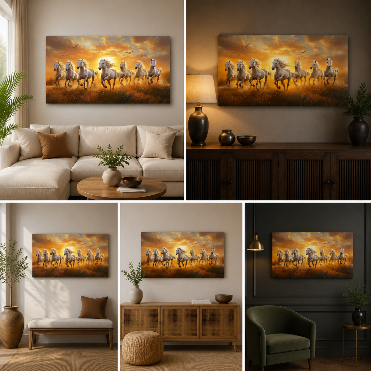 Seven White Horses Golden Sunset Canvas Painting Frame Wall Decor for Living Room Vastu Artwork