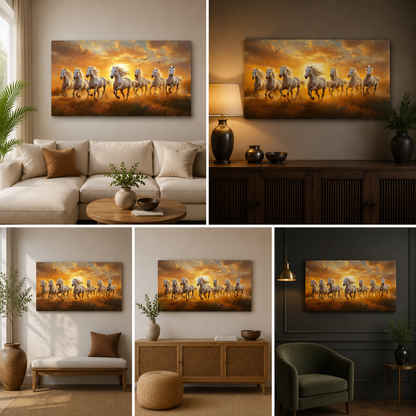 Seven White Horses Golden Sunset Canvas Painting Frame Wall Decor for Living Room Vastu Artwork
