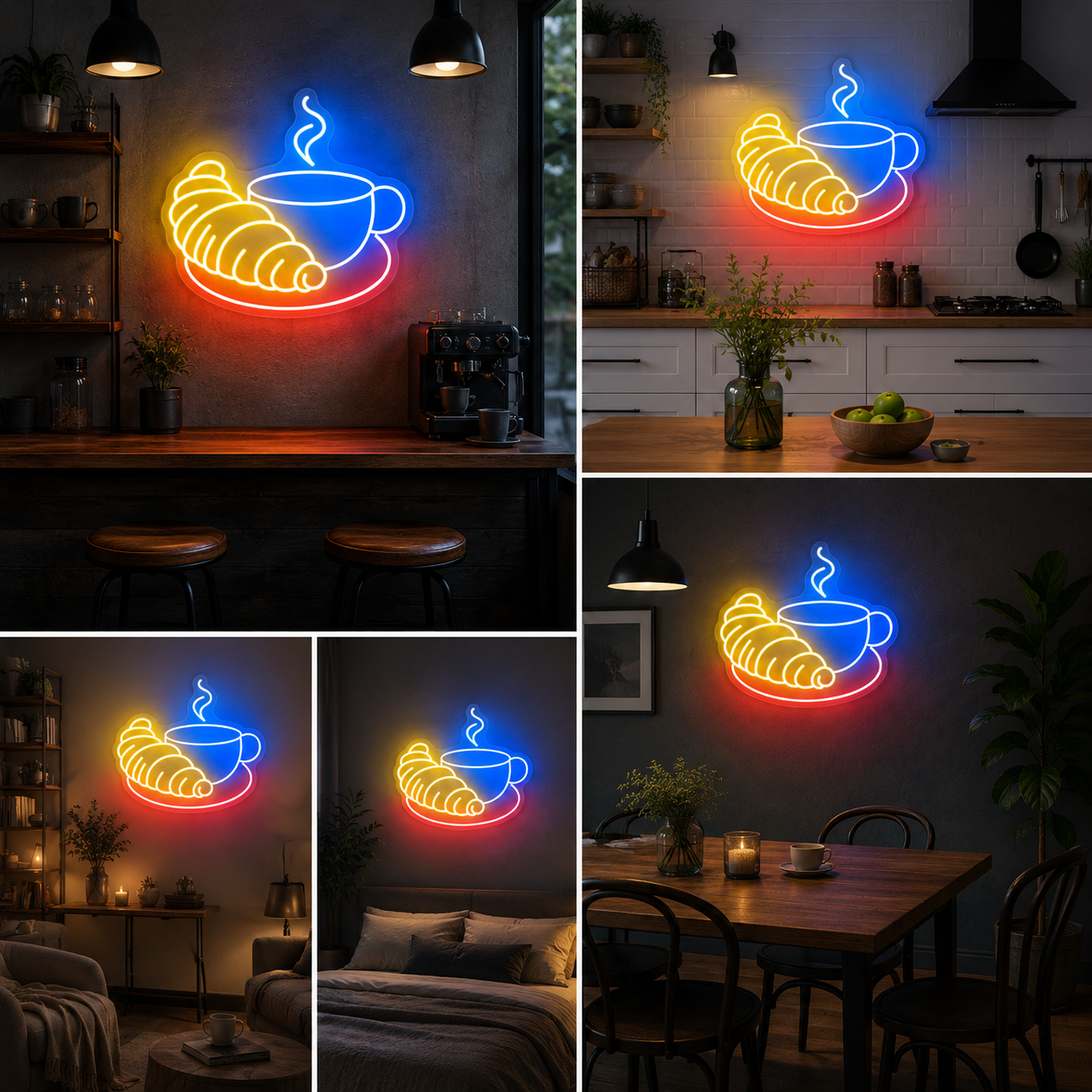 Croissant & Coffee Neon Sign Board – Cafe Custom Neon Light Wall Decor (20 By 20 Inches)