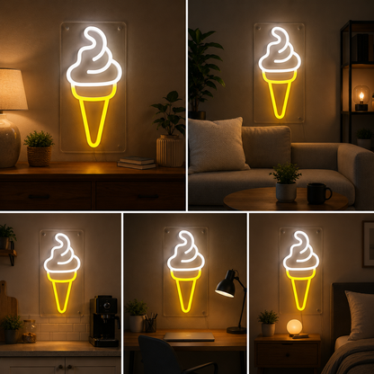 Ice Cream Cone Neon Sign Board – Custom Neon Light Dessert Wall Decor (10 By 15 Inches)
