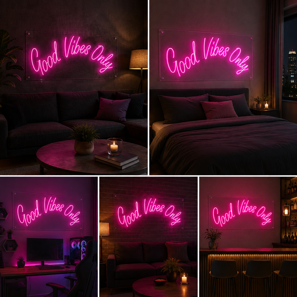 Good Vibes Only Pink Neon Sign for Bedroom Cafe Bar and Modern Statement Wall Decor
