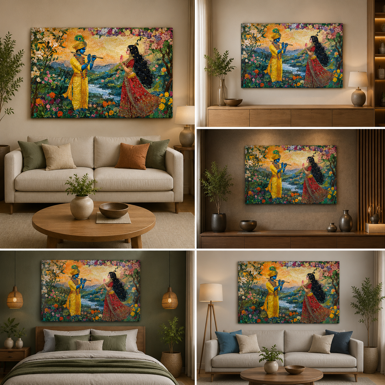 Radha Krishna Floral Garden Canvas Painting Frame Wall Decor for Living Room Nature Spiritual Artwork
