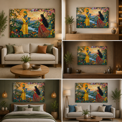 Radha Krishna Floral Garden Canvas Painting Frame Wall Decor for Living Room Nature Spiritual Artwork