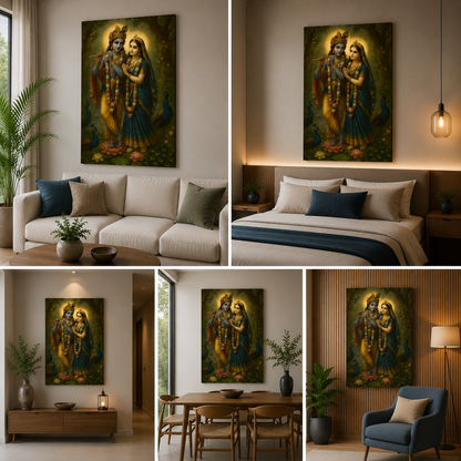 Radha Krishna with Peacock Garden Canvas Painting Frame Classic Spiritual Wall Decor for Living Room