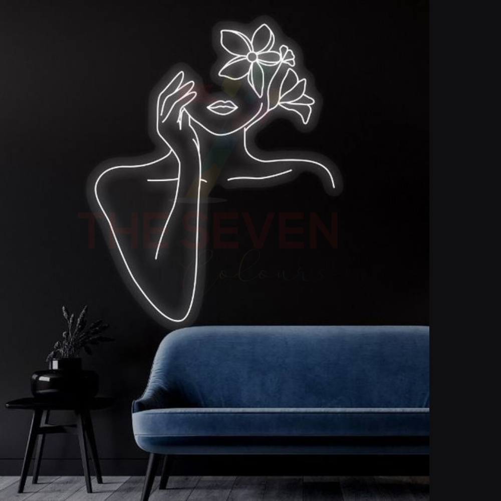 Floral woman face neon sign board white neon light aesthetic wall decor