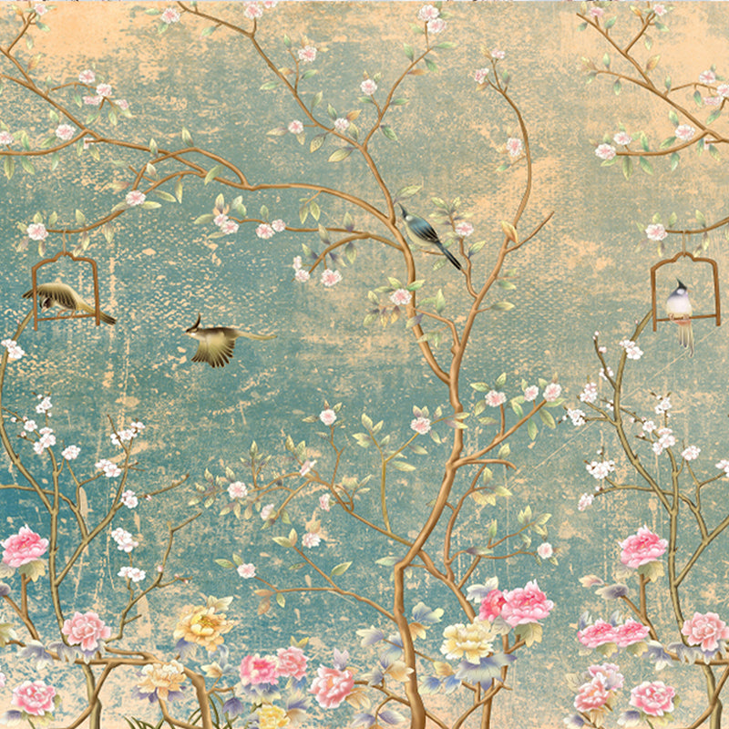 floral birds wallpaper mural with blooming branches and vintage botanical art