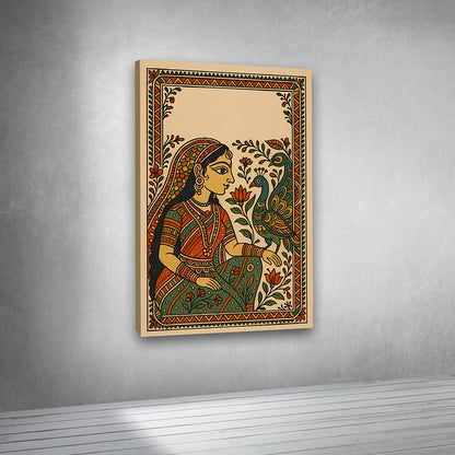 folk style canvas painting frame woman and bird artwork for living room wall art