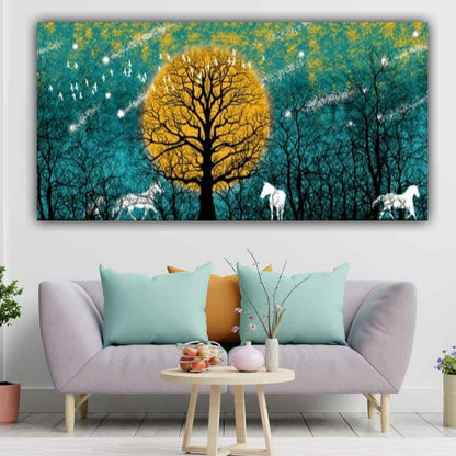 Running Horses Canvas Painting Beautiful Forest Landscape Wall Painting Frame