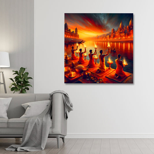 ganga aarti varanasi canvas painting frame spiritual river ritual painting on canvas wall decor