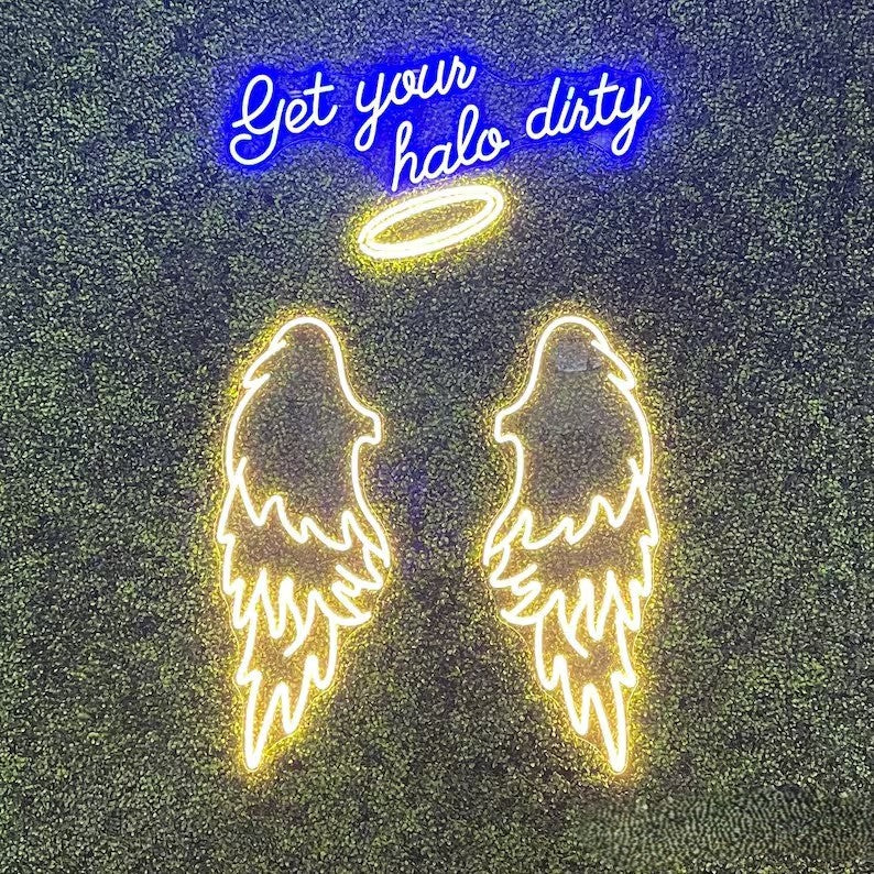 Get your halo dirty neon sign board with angel wings and halo LED neon light