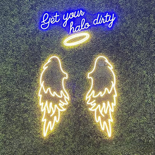 Get your halo dirty neon sign board with angel wings and halo LED neon light