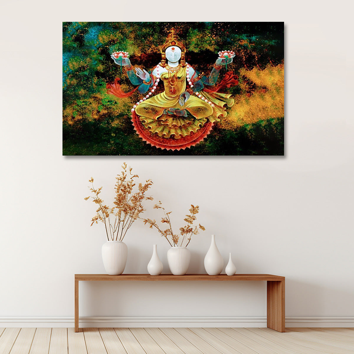 Goddess Lakshmi seated on lotus canvas painting for spiritual home decor
