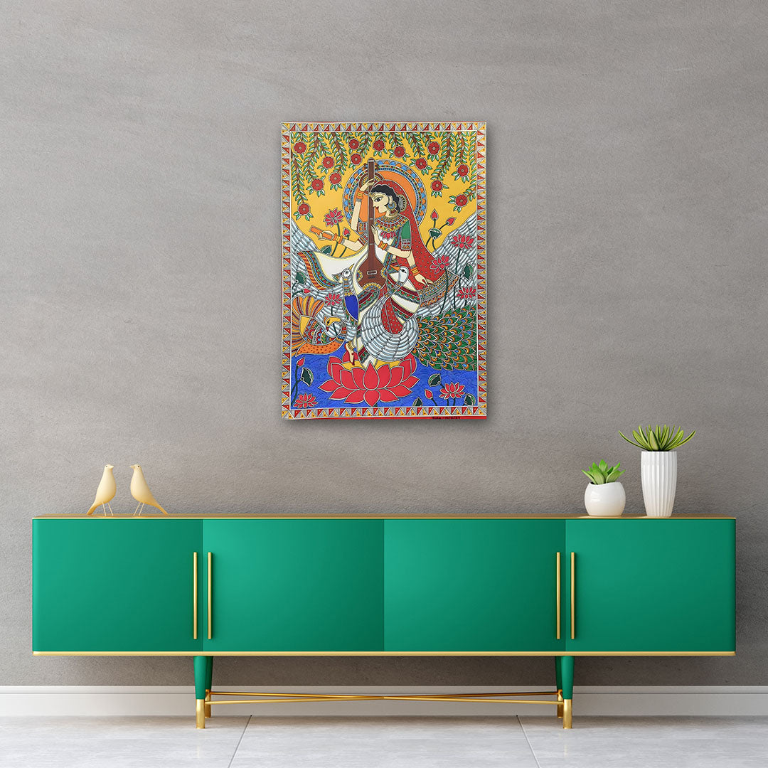 Goddess Saraswati traditional Indian canvas wall art with veena for home decor
