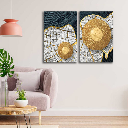 Gold sunburst abstract canvas painting set of 2 with navy blue and marble texture modern wall art