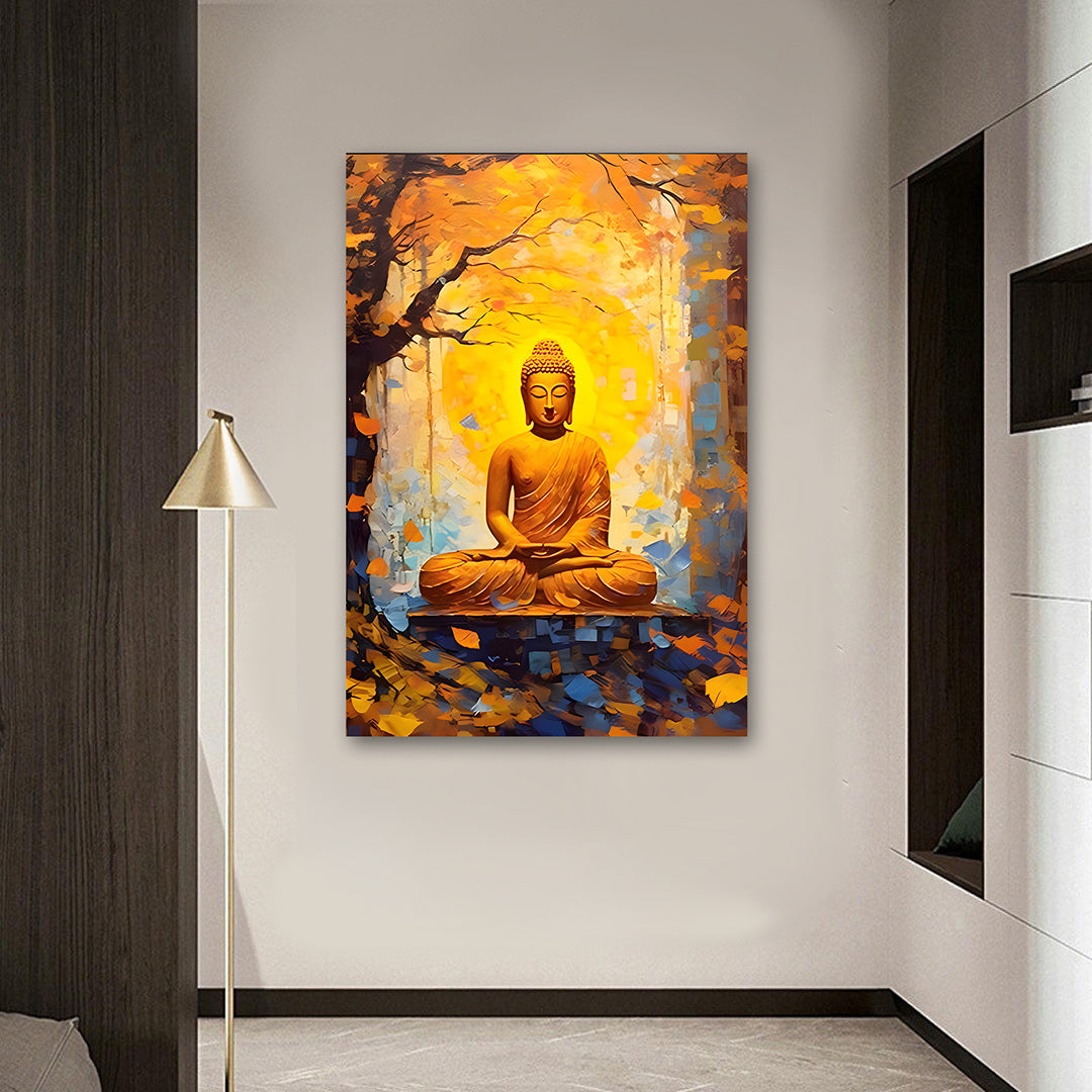 Golden Buddha meditation wall painting spiritual canvas art for peaceful home decor