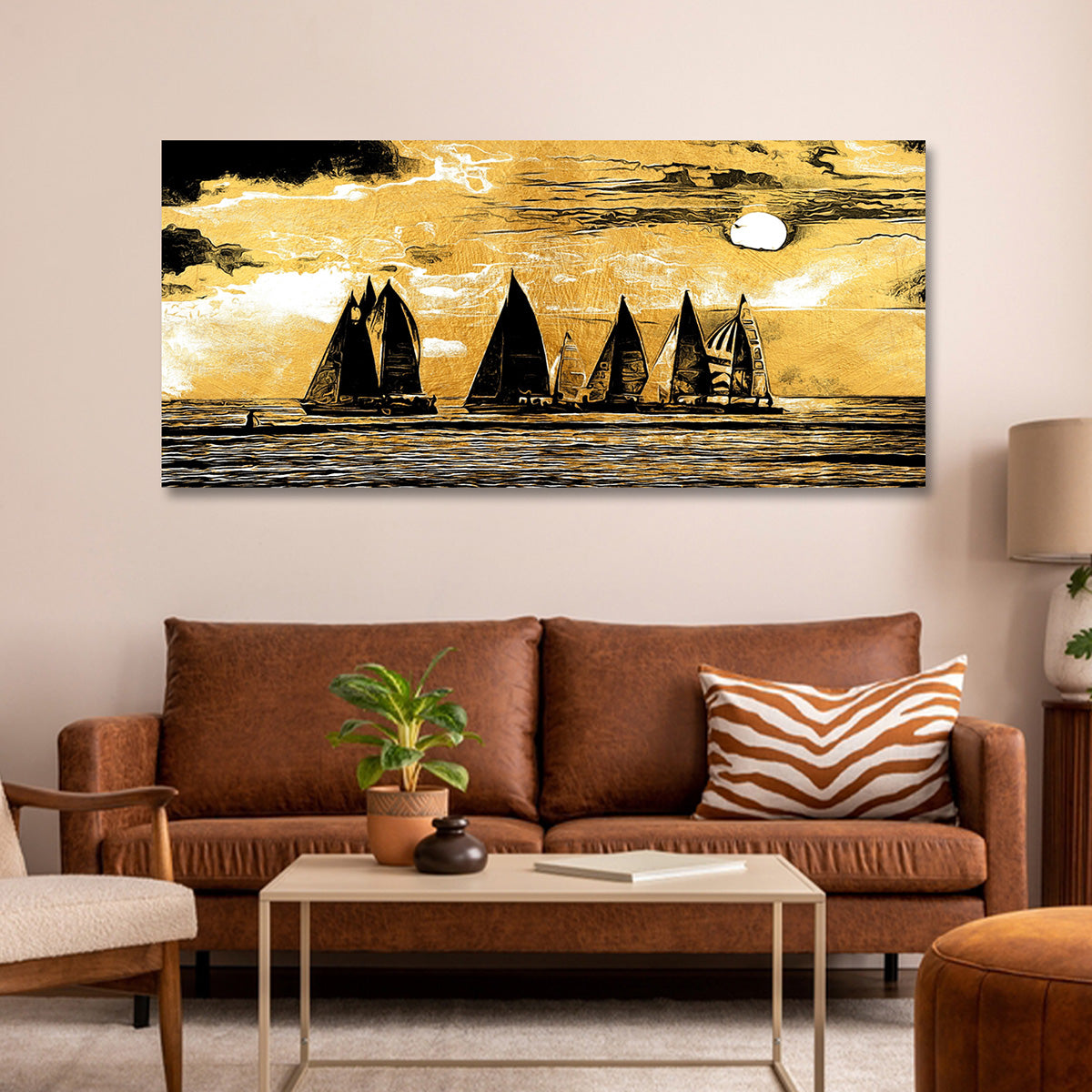 Golden sailboat sunset canvas painting with yachts on ocean seascape wall art