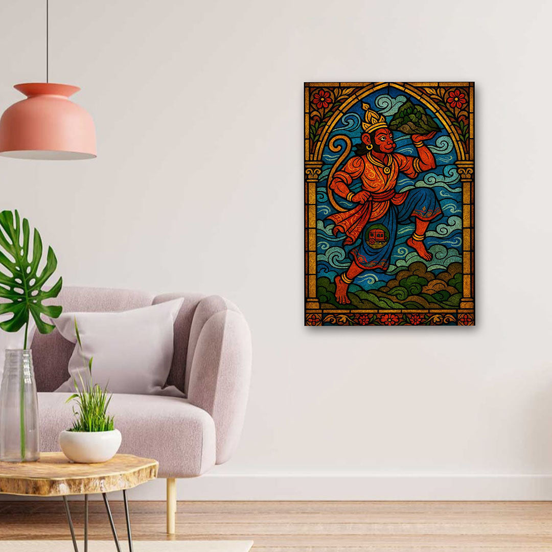 Hanuman ji canvas wall art carrying mountain spiritual painting for home decor
