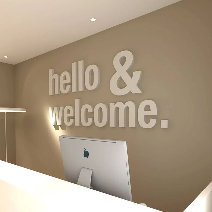 hello and welcome wall sign reception area modern office decor
