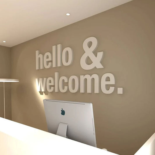 hello and welcome wall sign reception area modern office decor
