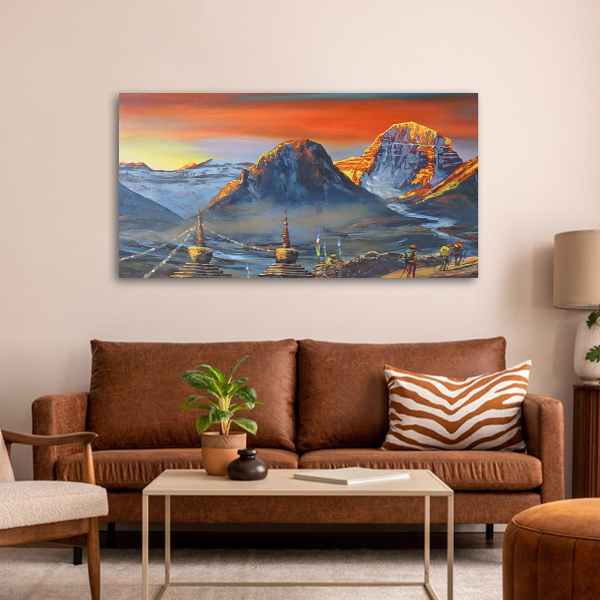 Himalayan sunrise canvas painting with snow mountains and prayer flags wall art decor