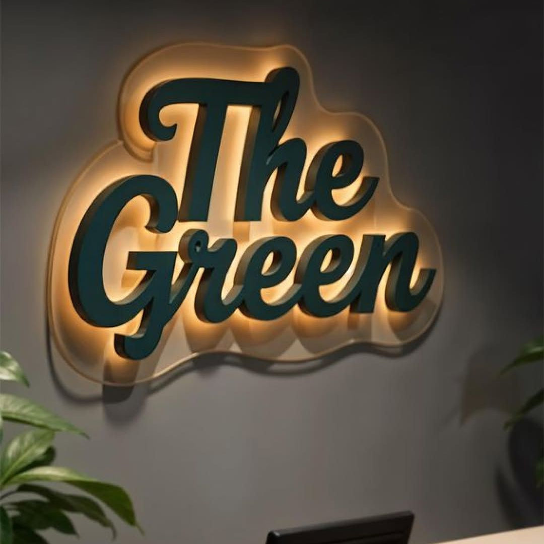 illuminated corporate logo sign backlit LED wall branding modern office decor