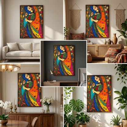 Colorful Indian woman in a patterned saree canvas artwork shown in living, bedroom and dining room settings.
