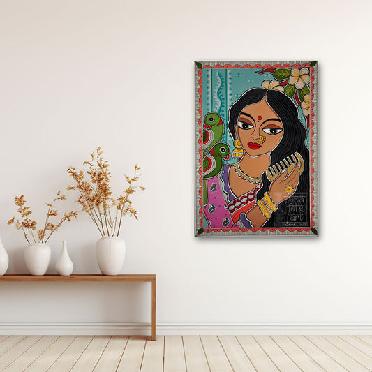 indian folk art woman with parrot canvas painting traditional wall decor