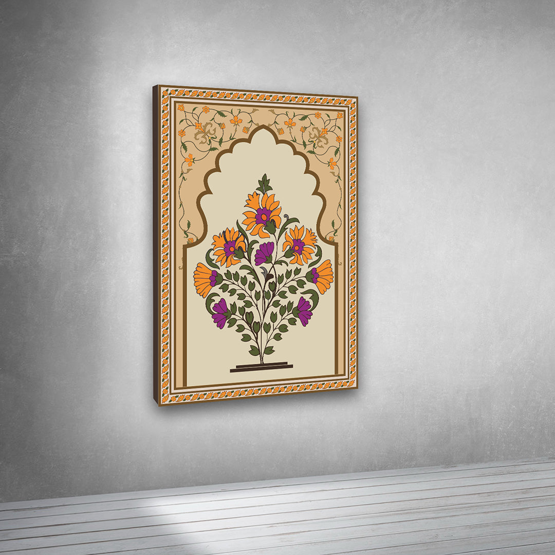 indian floral design wall art arch frame beige background canvas decor