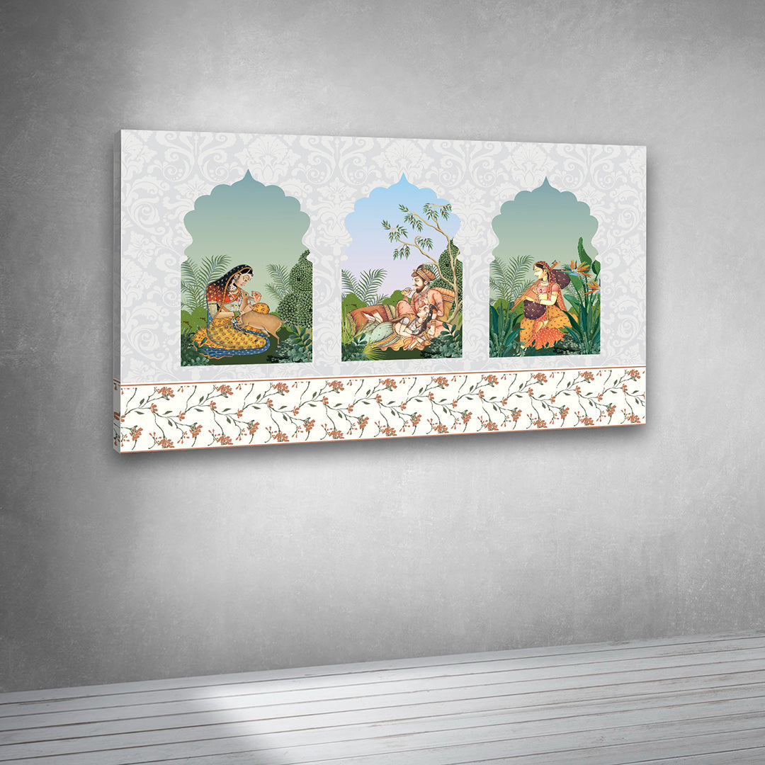 indian heritage artwork panel with royal figures arch design canvas wall art