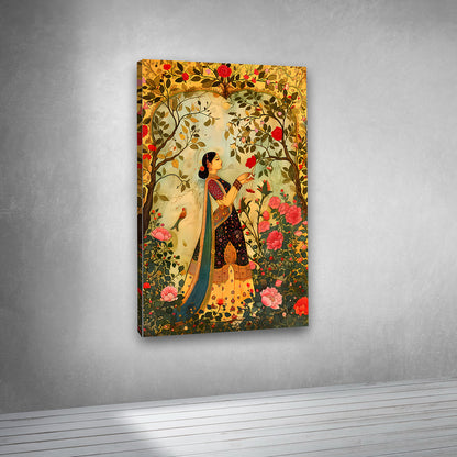 indian lady floral canvas painting frame vintage garden wall art for living room