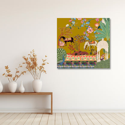 indian miniature garden artwork with horse peacock and palace canvas wall decor