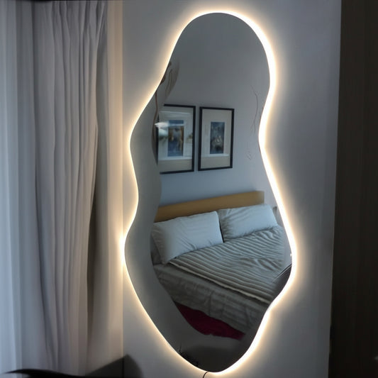 irregular full length LED mirror with warm backlight organic shape dressing mirror bedroom interior