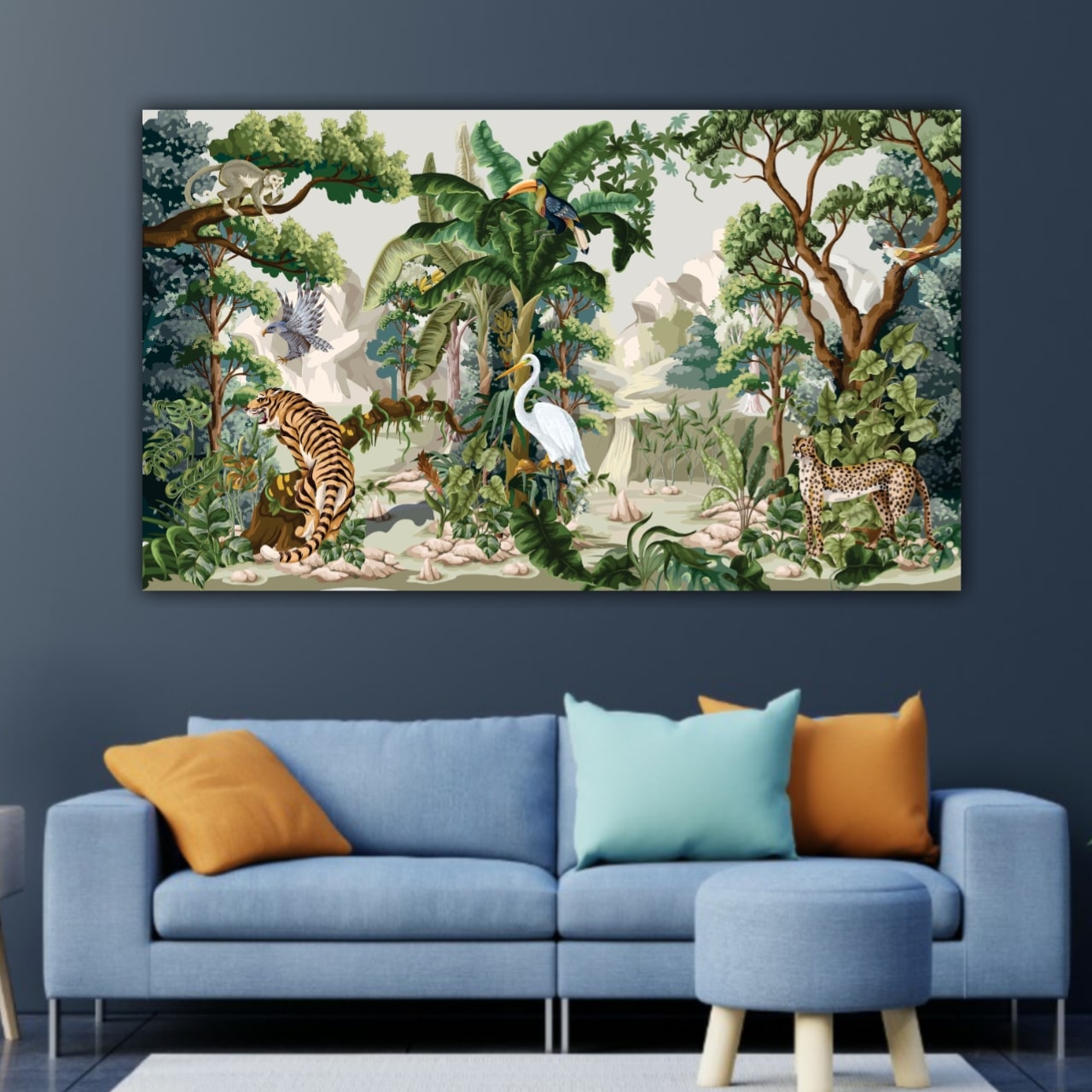 tropical jungle animal wall decor canvas with lush greenery and wildlife illustration