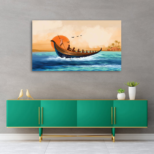 kerala boat race sunset canvas wall painting vallam kali traditional coastal wall art decor