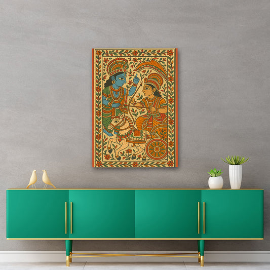 krishna arjuna mahabharata canvas painting traditional indian war scene wall decor