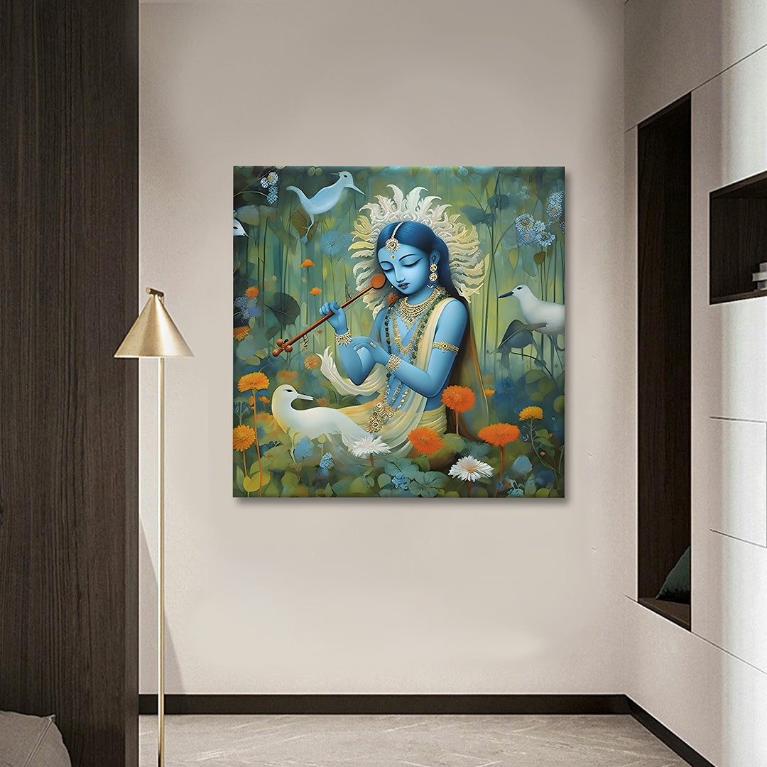 Krishna with birds nature canvas painting frame artistic wall decor for living room